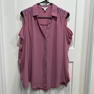 Candie’s Pink Button Down Cold Shoulder Blouse With Purple Jewels - Size Large